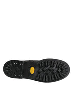 Black Leather Belted Buckle Combat Boots Shoes