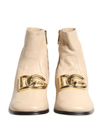 Beige Leather Logo Plaque Ankle Boots Shoes
