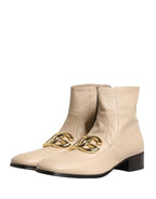 Beige Leather Logo Plaque Ankle Boots Shoes