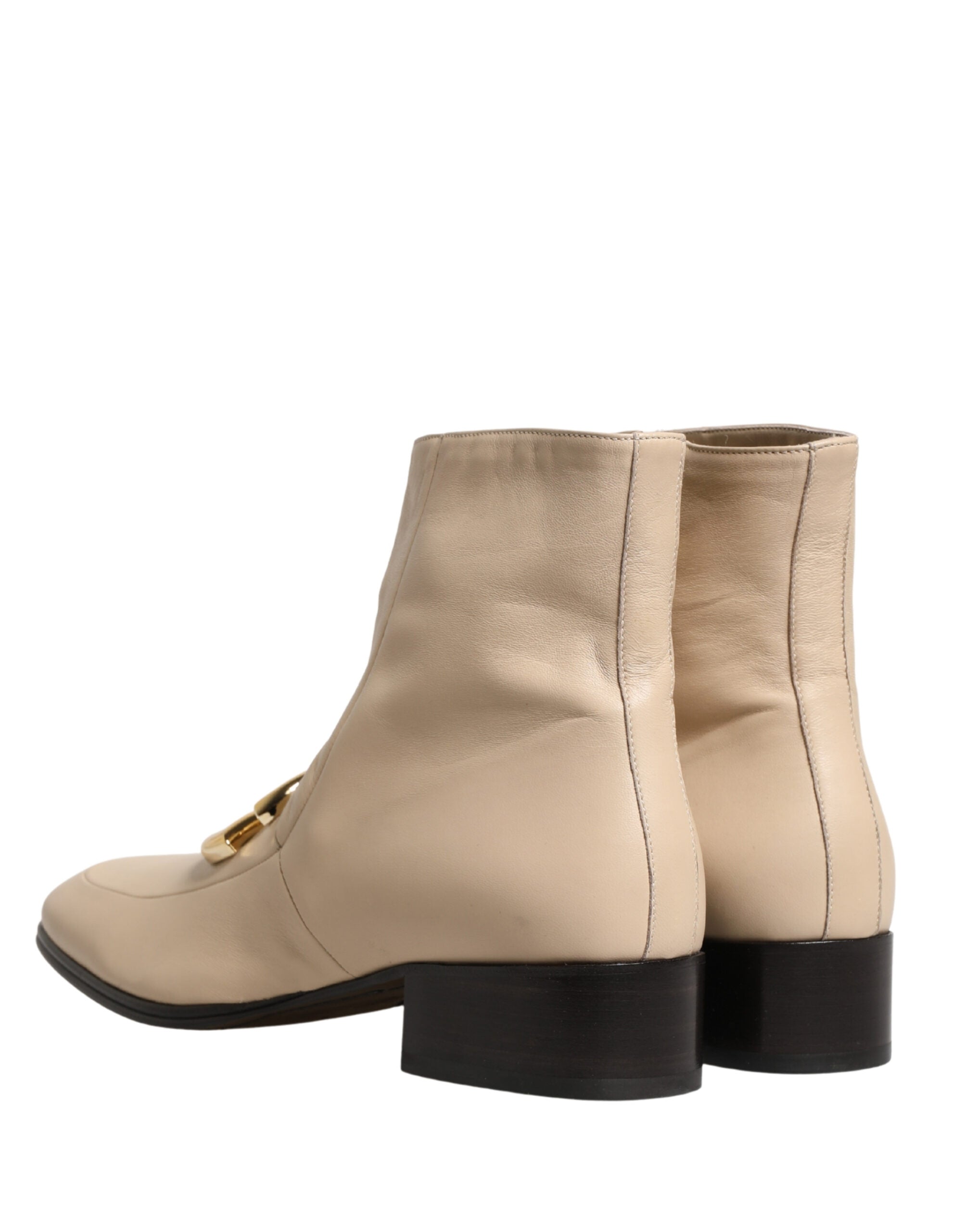 Beige Leather Logo Plaque Ankle Boots Shoes