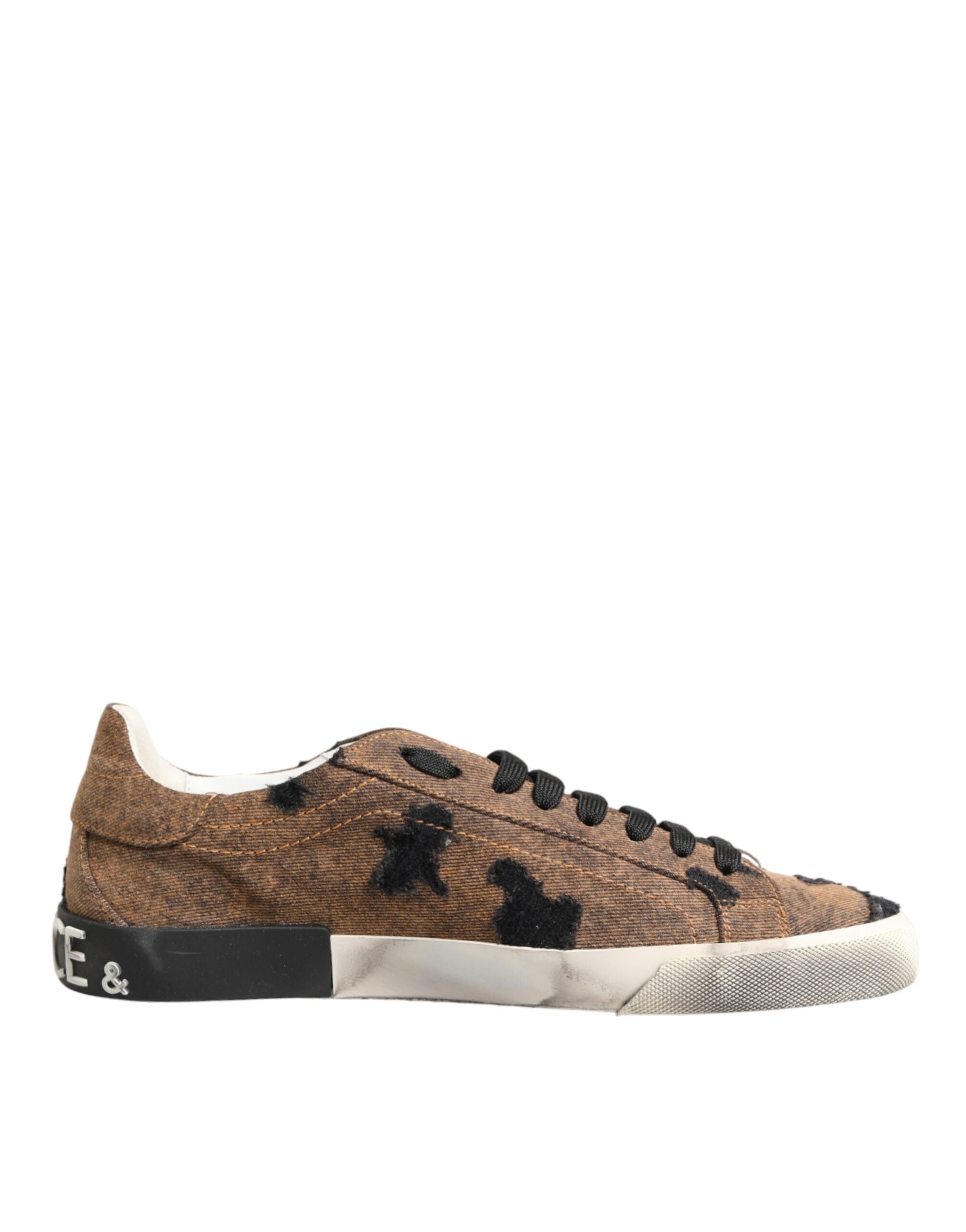 Brown Black Patch Denim Low Top Sneakers Shoes