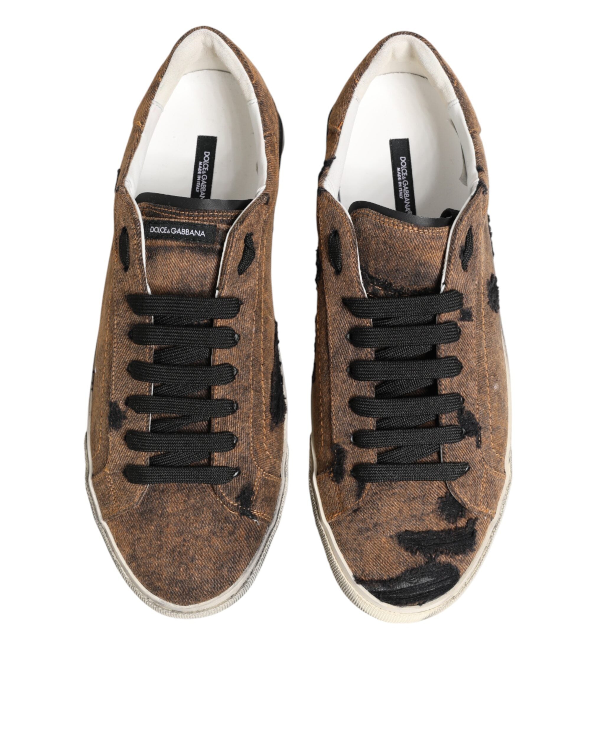 Brown Black Patch Denim Low Top Sneakers Shoes
