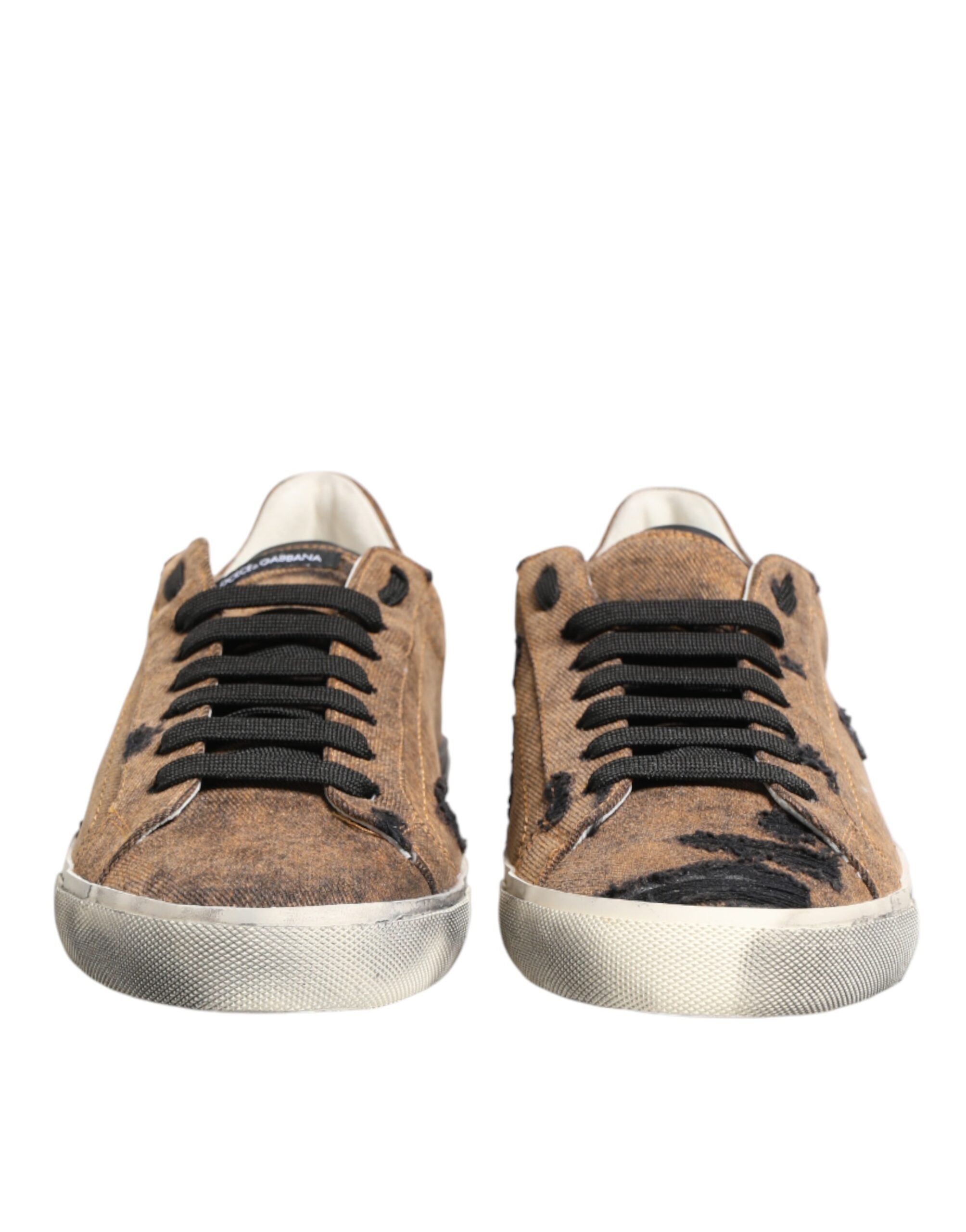 Brown Black Patch Denim Low Top Sneakers Shoes