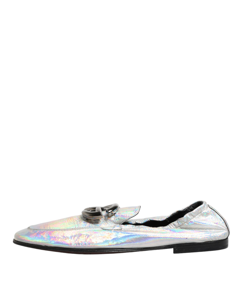 Silver DG Logo Holographic Leather Loafers Shoes