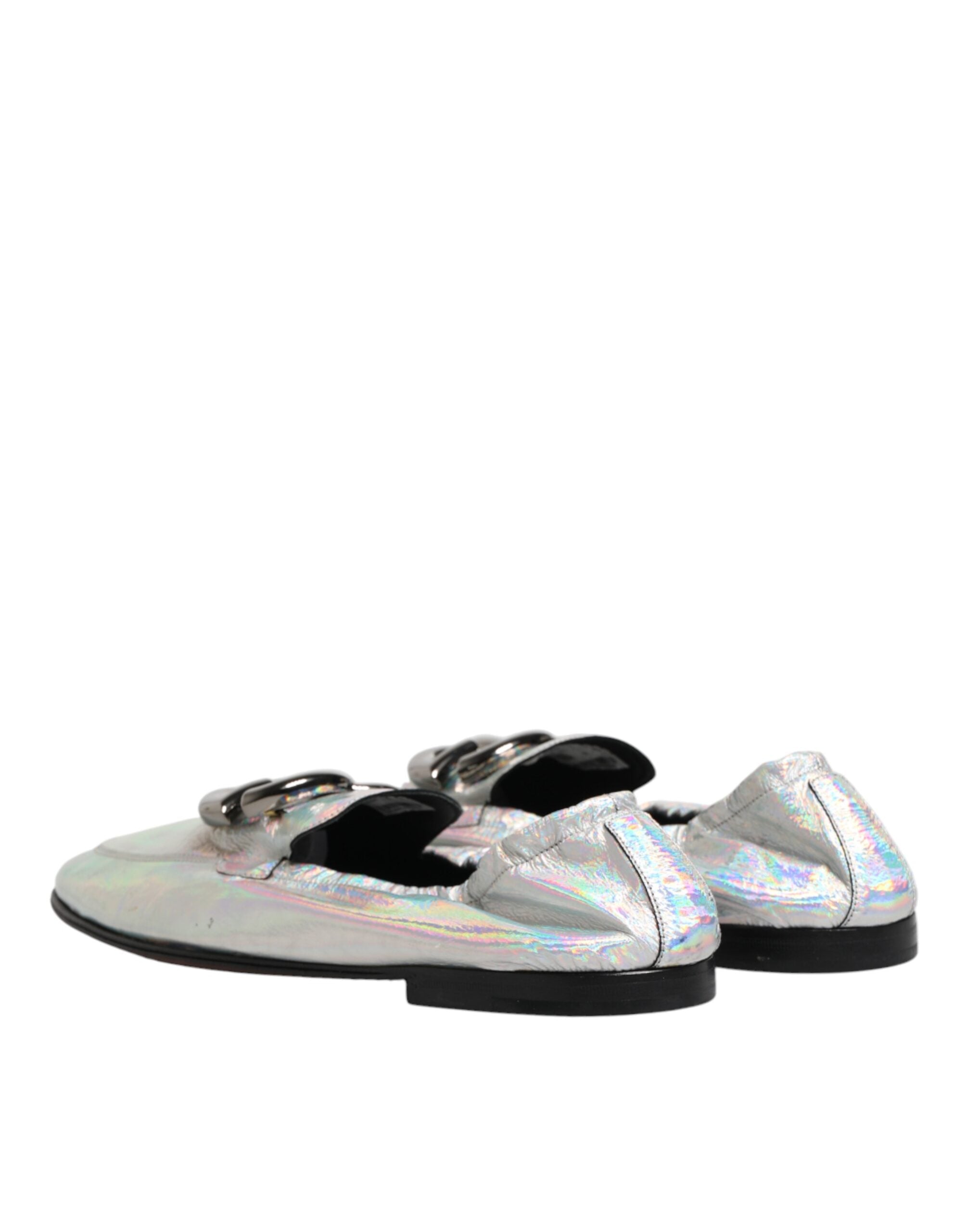 Silver DG Logo Holographic Leather Loafers Shoes