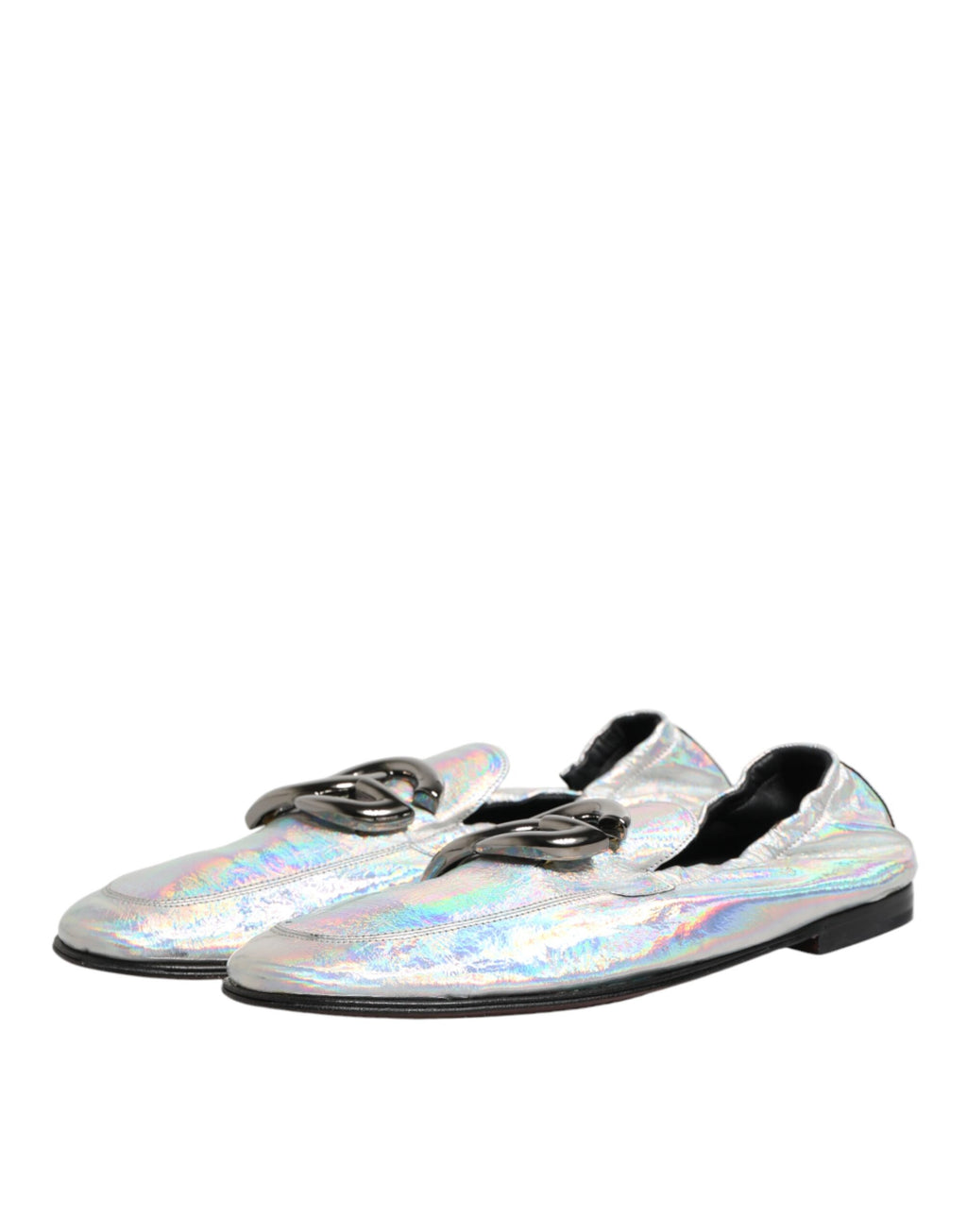 Silver DG Logo Holographic Leather Loafers Shoes