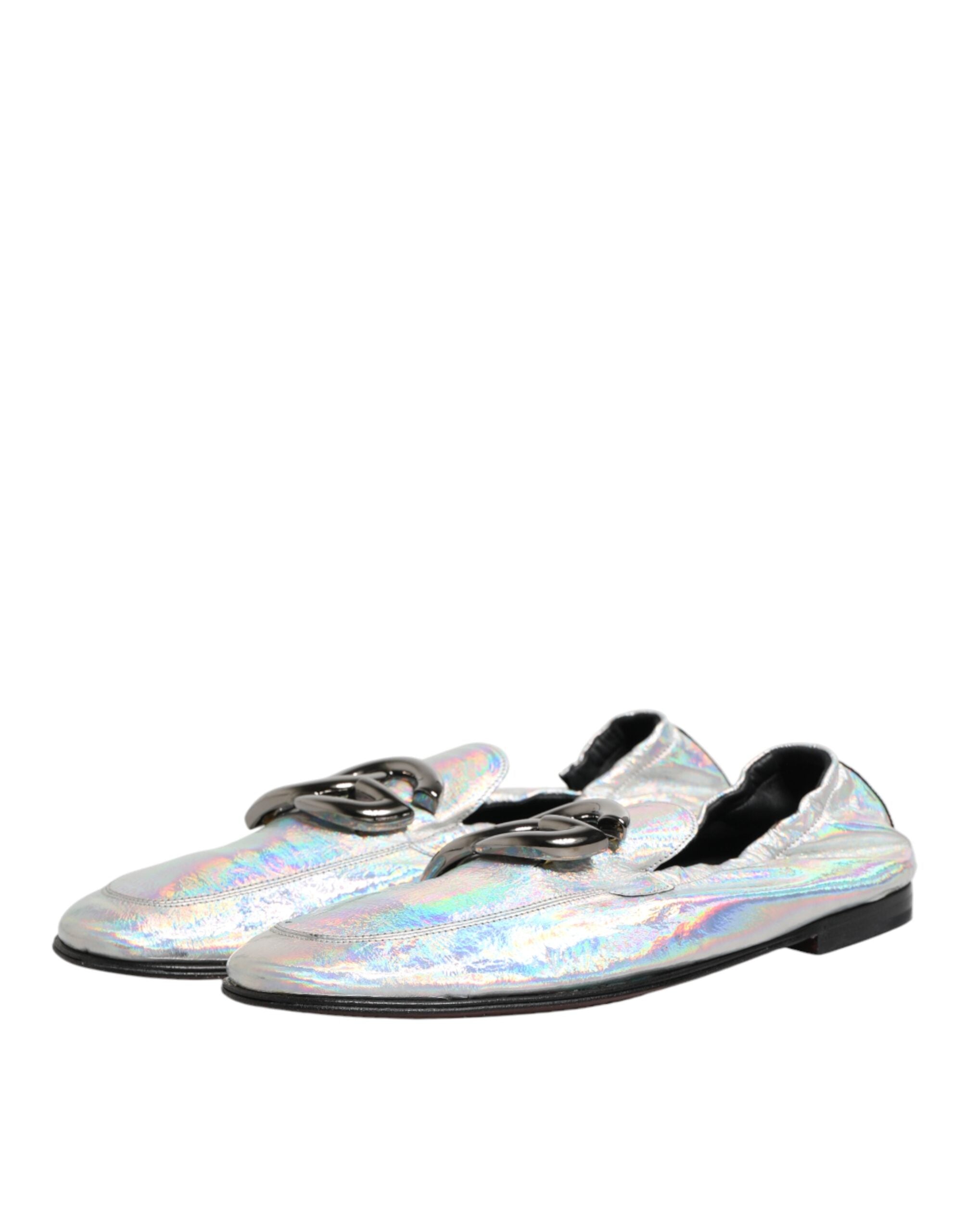 Silver DG Logo Holographic Leather Loafers Shoes