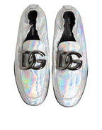 Silver DG Logo Holographic Leather Loafers Shoes