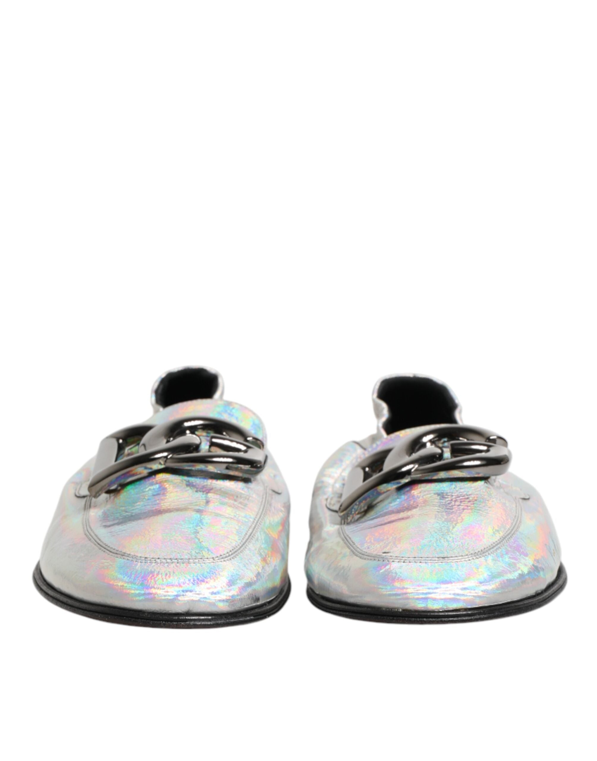 Silver DG Logo Holographic Leather Loafers Shoes