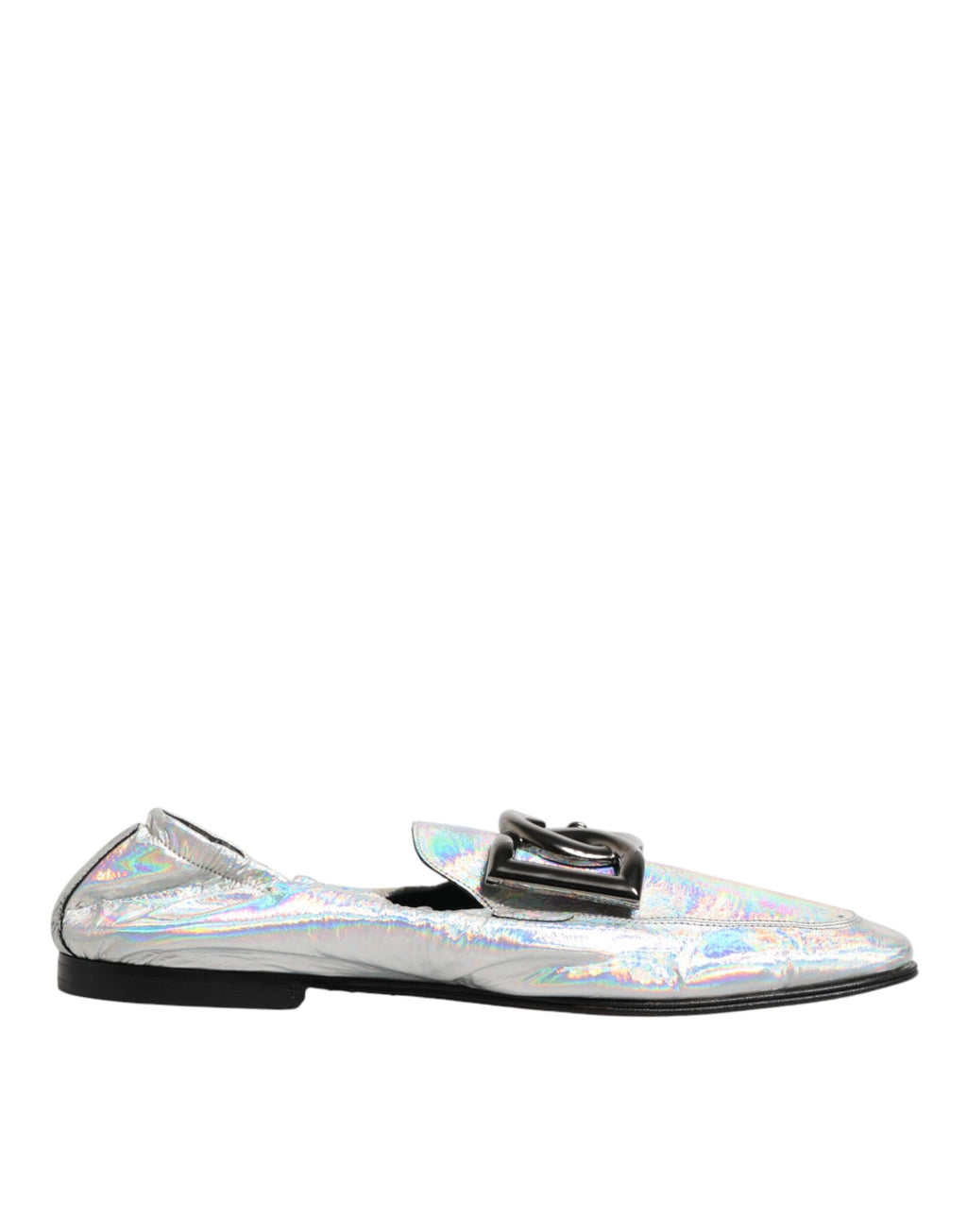 Silver DG Logo Holographic Leather Loafers Shoes