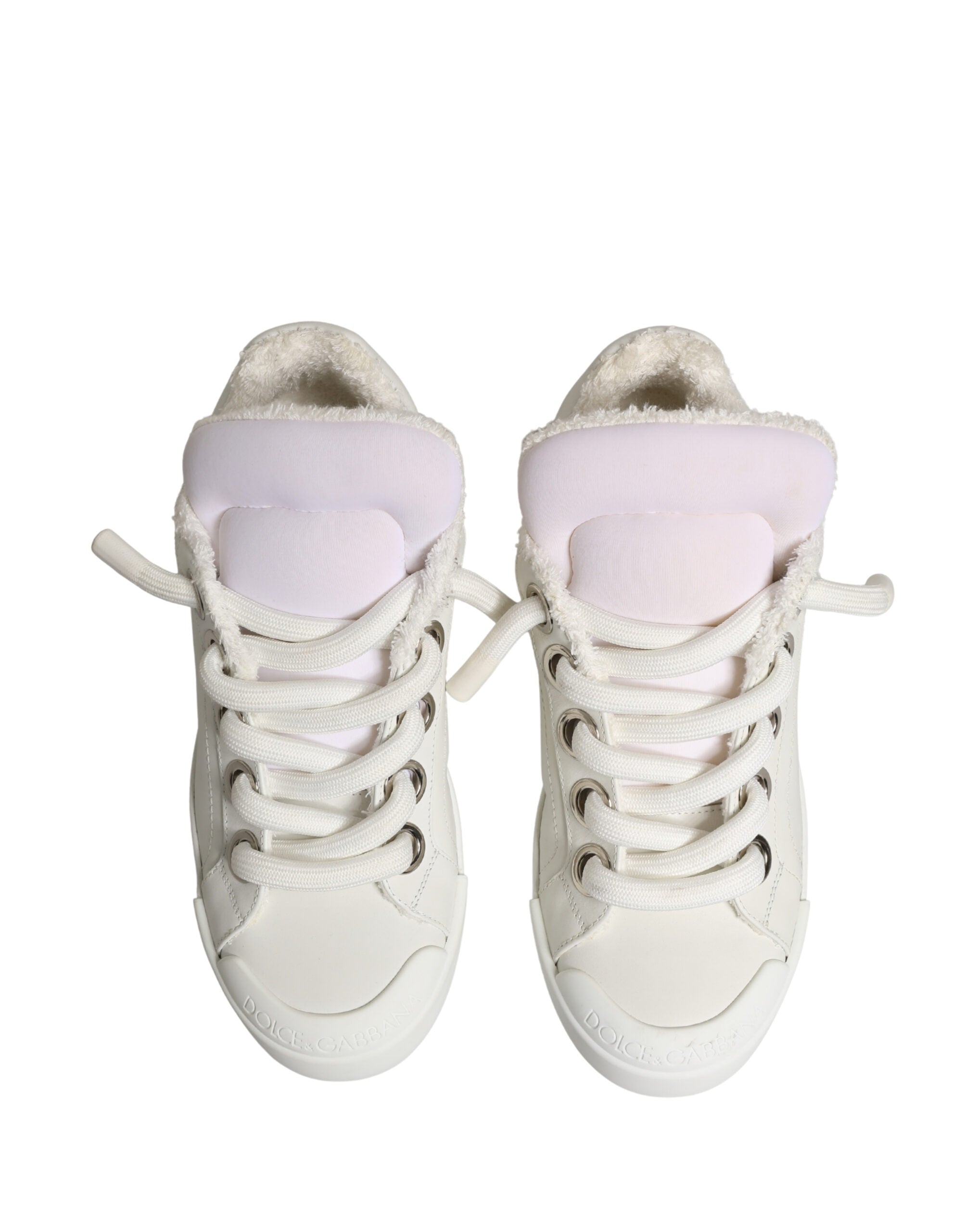 White Leather Shearling Fur Low Top Sneakers Shoes