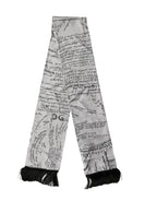Scarf White Silk Script Logo Print Fringe 150cm x15cm Men