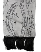 Scarf White Silk Script Logo Print Fringe 150cm x15cm Men