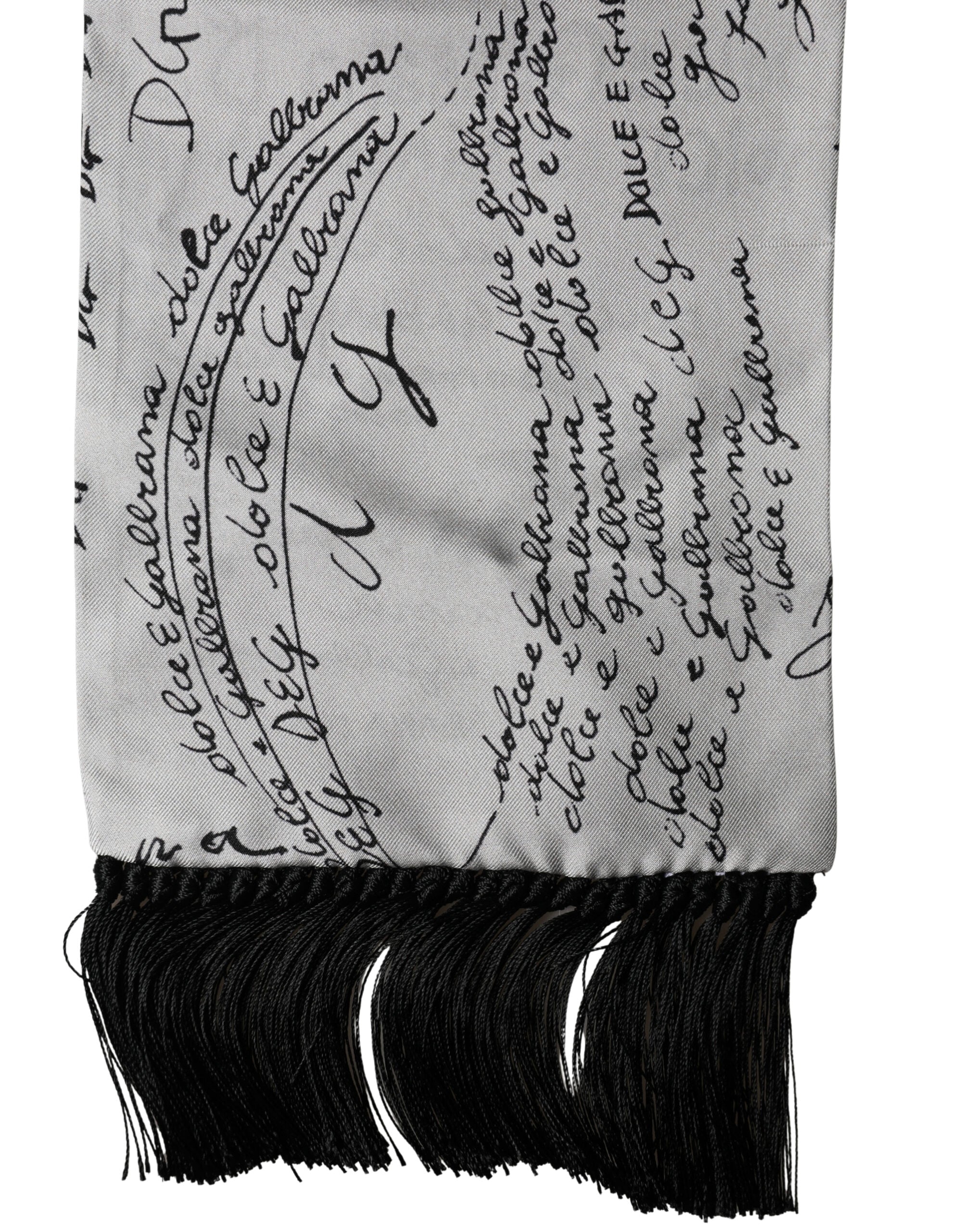 Scarf White Silk Script Logo Print Fringe 150cm x15cm Men