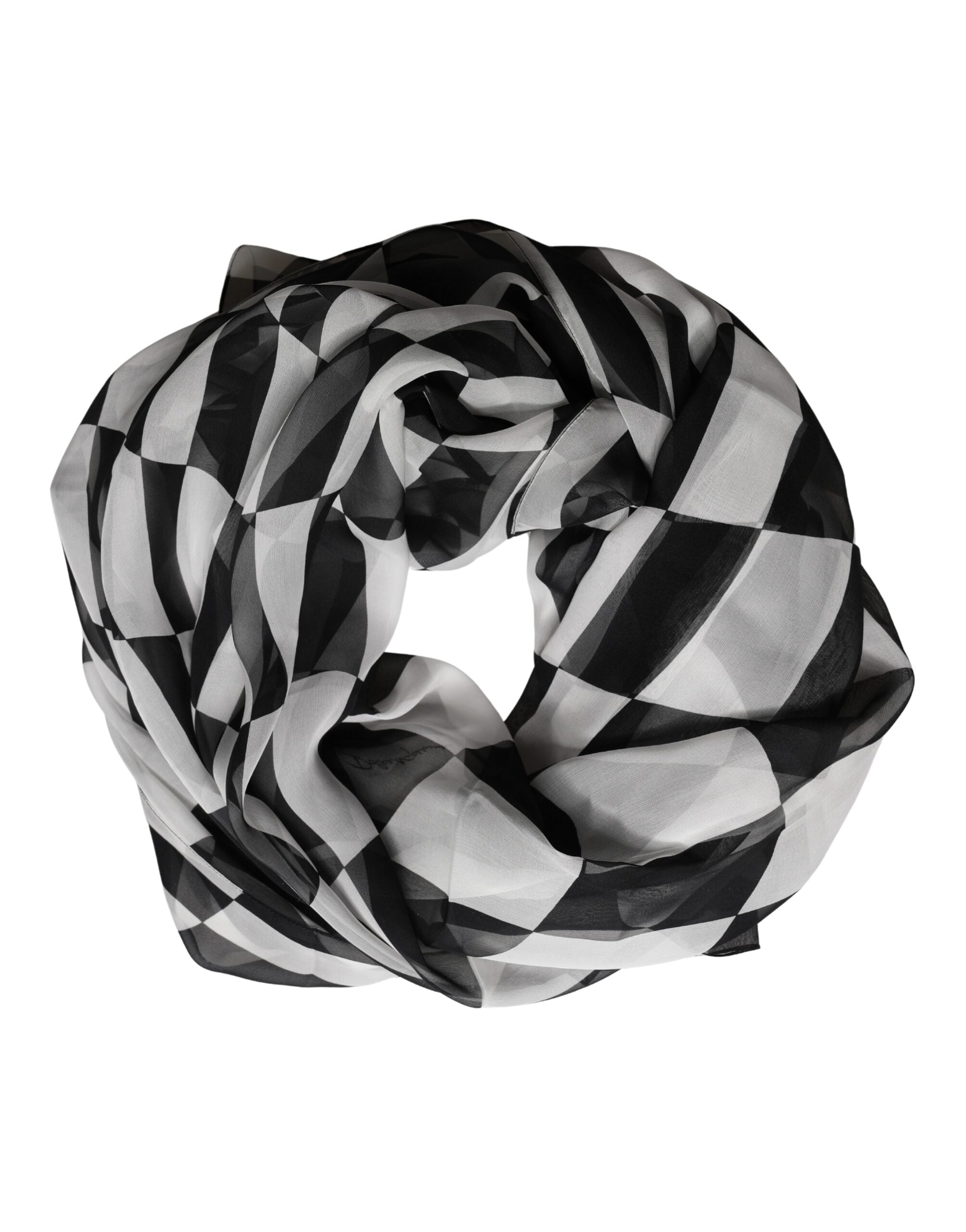 Black White Check Silk Wrap Foulard 133cm x 132cm Scarf