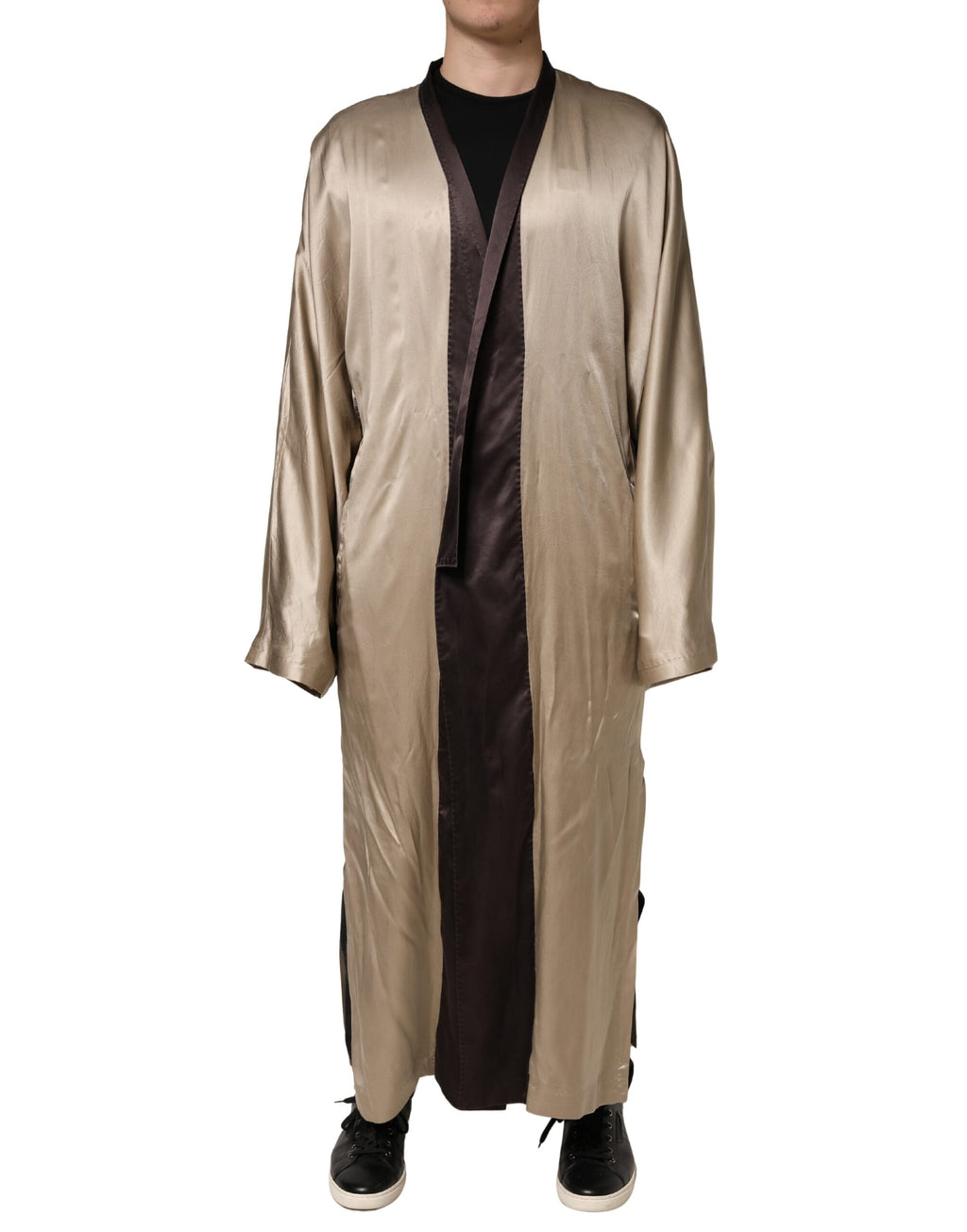 Beige Silk Satin Long Coat Robe Jacket