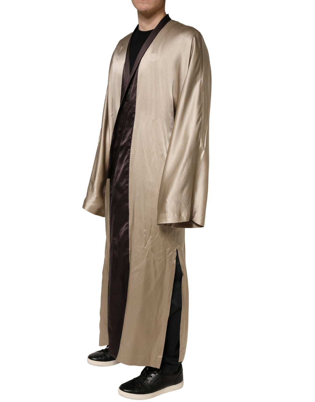 Beige Silk Satin Long Coat Robe Jacket