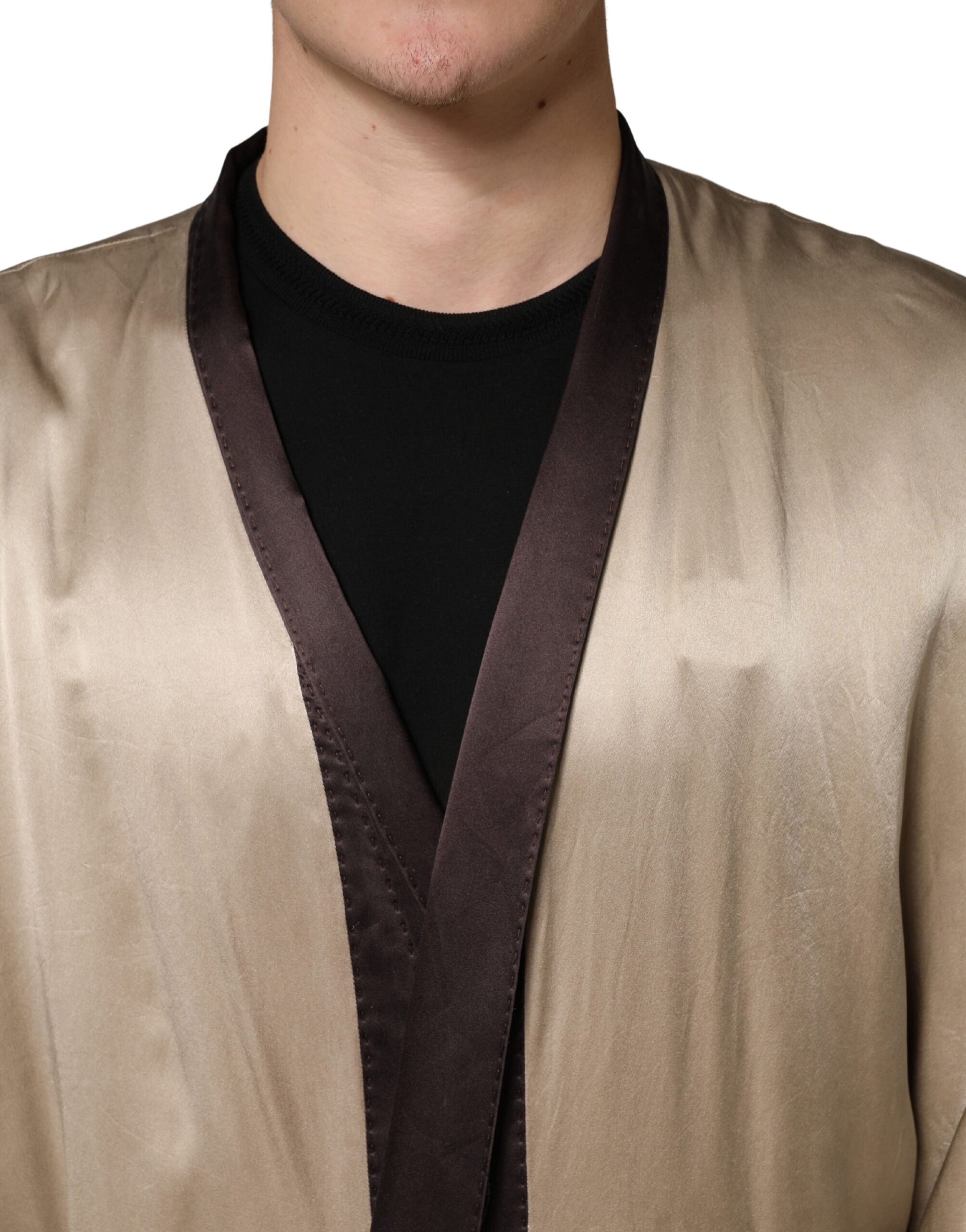 Beige Silk Satin Long Coat Robe Jacket