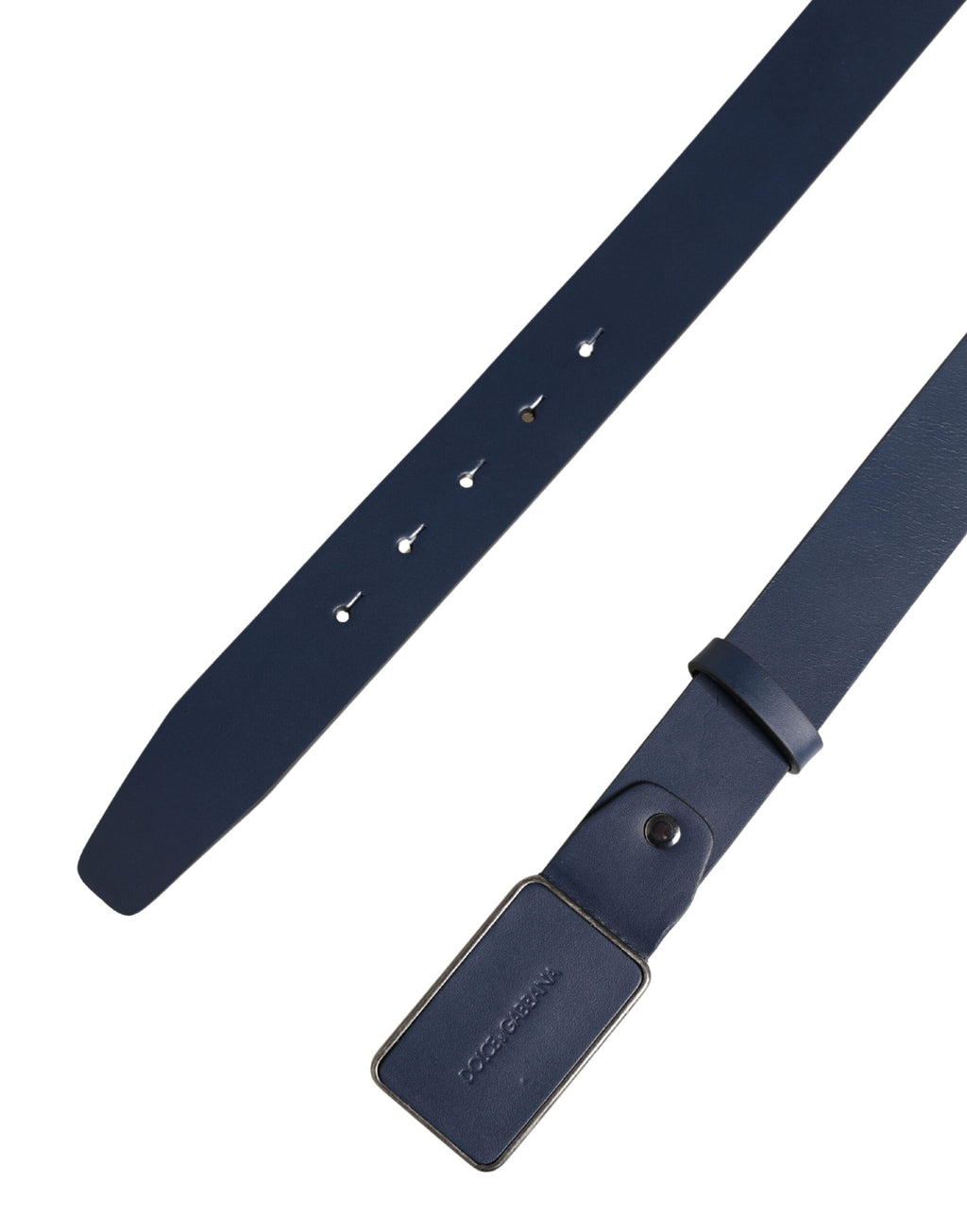 Blue Leather Logo Metal Buckle Men Belt