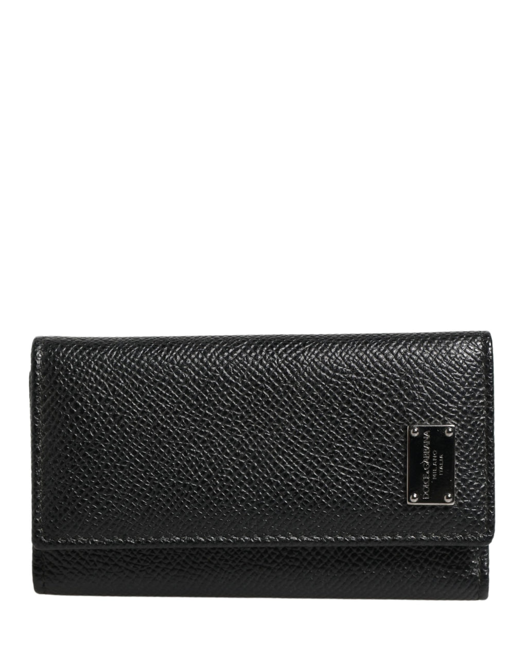 Black Leather Silver Metal Logo Plaque Trifold Keyring