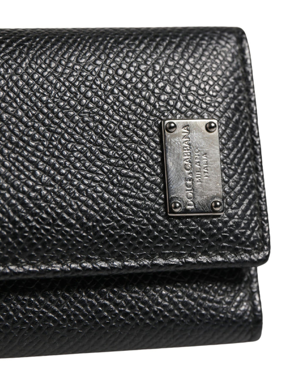 Black Leather Silver Metal Logo Plaque Trifold Keyring