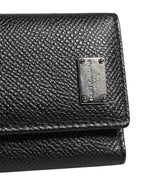 Black Leather Silver Metal Logo Plaque Trifold Keyring