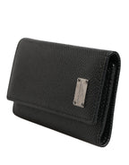 Black Leather Silver Metal Logo Plaque Trifold Keyring