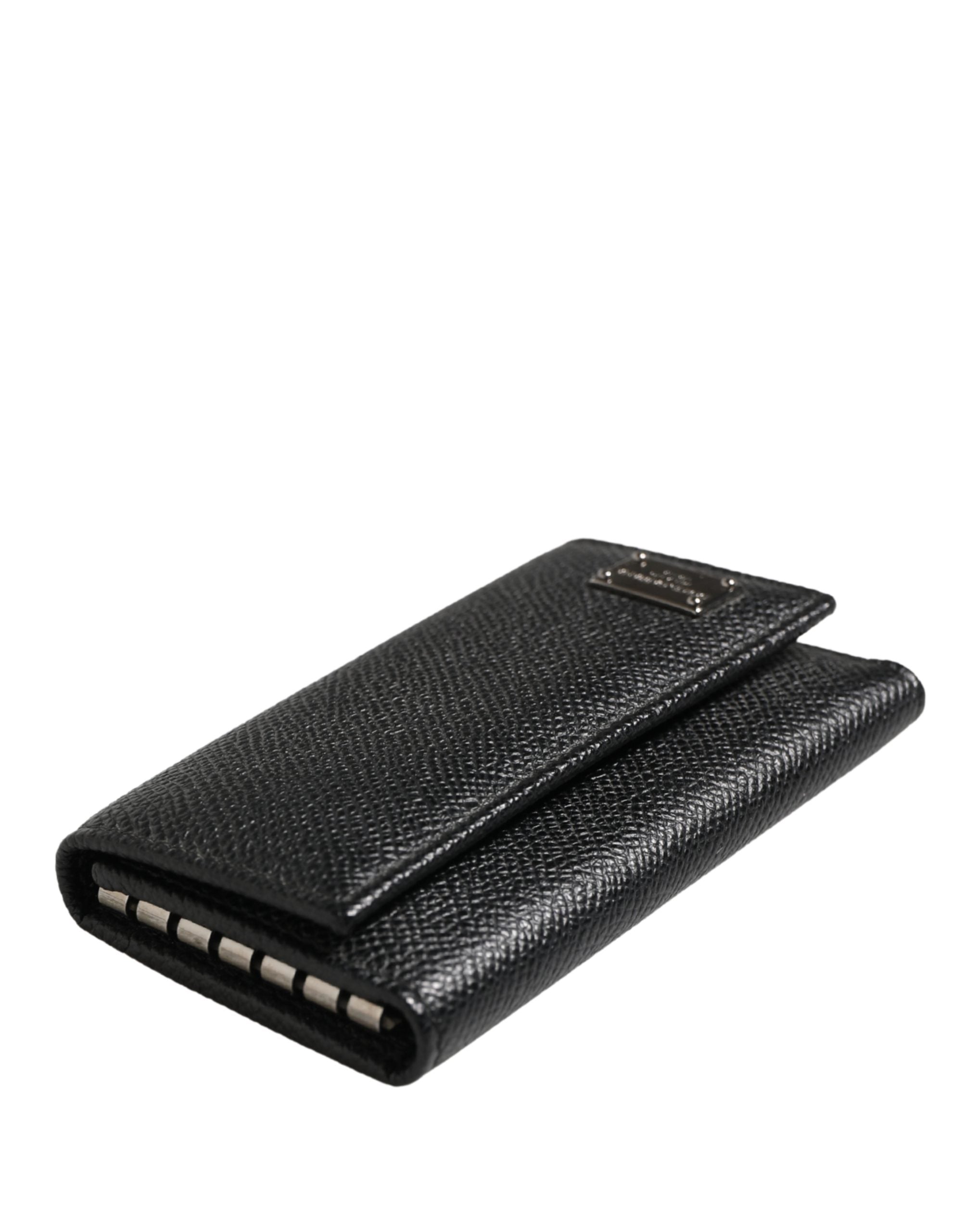 Black Leather Silver Metal Logo Plaque Trifold Keyring