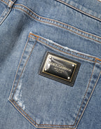 Blue Tattered Slim Fit Cotton Denim Jeans