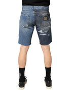 Blue Floral Embroidery Tattered Denim Shorts