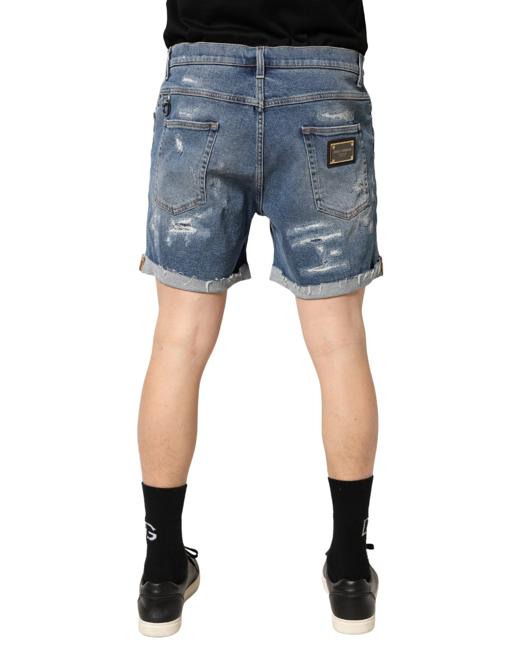 Blue Cotton Distressed Denim Bermuda Shorts