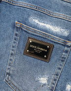 Blue Cotton Distressed Denim Bermuda Shorts