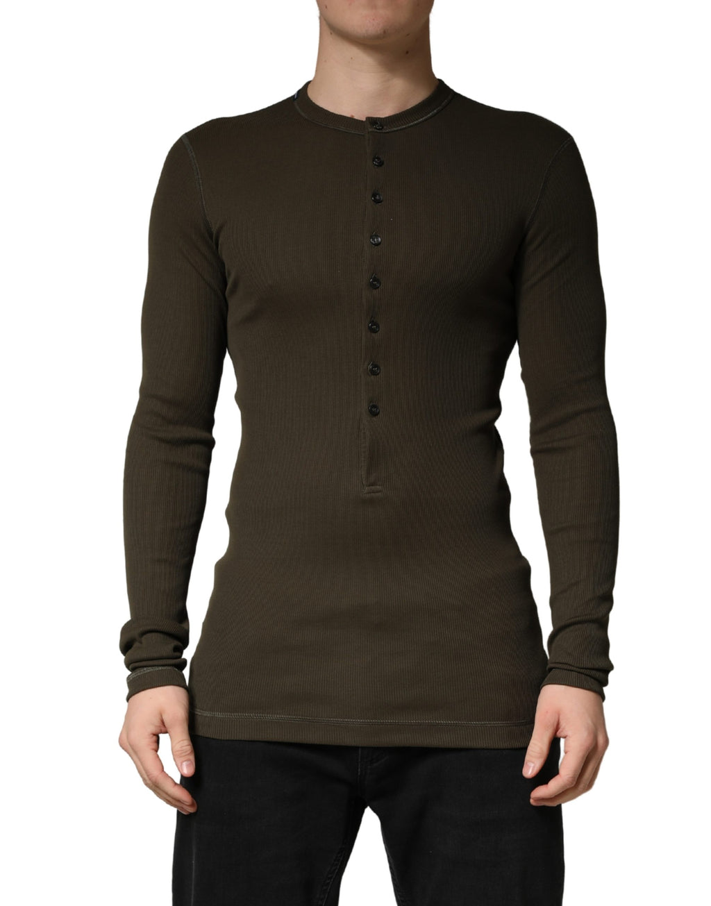 Brown Cotton Buttoned Henley Pullover Sweater