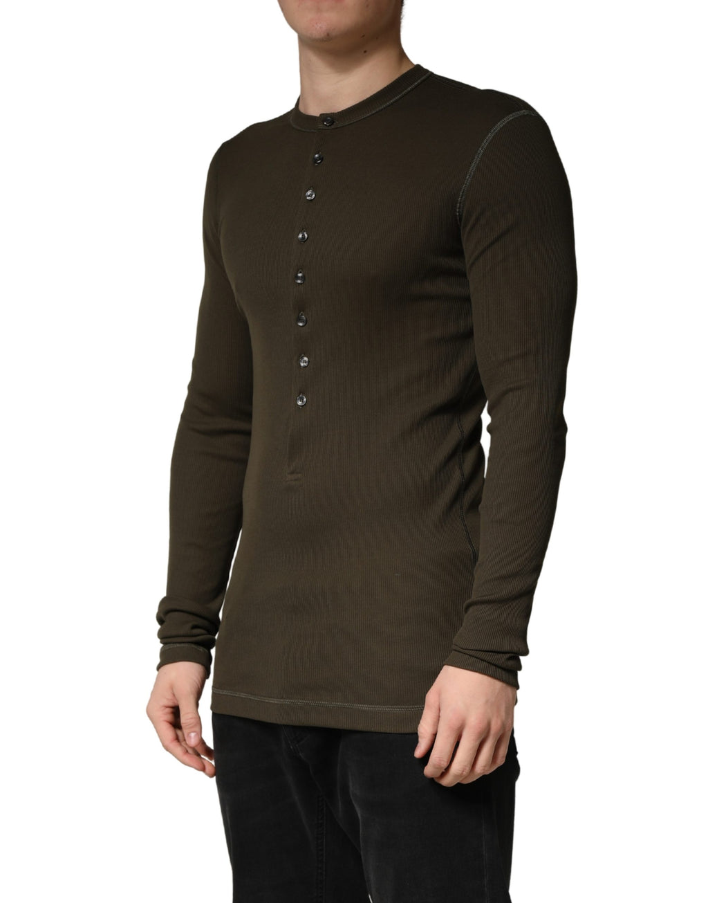 Brown Cotton Buttoned Henley Pullover Sweater