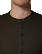 Brown Cotton Buttoned Henley Pullover Sweater