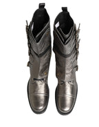 Metallic Silver Combat Biker Mid Calf Boots Shoes