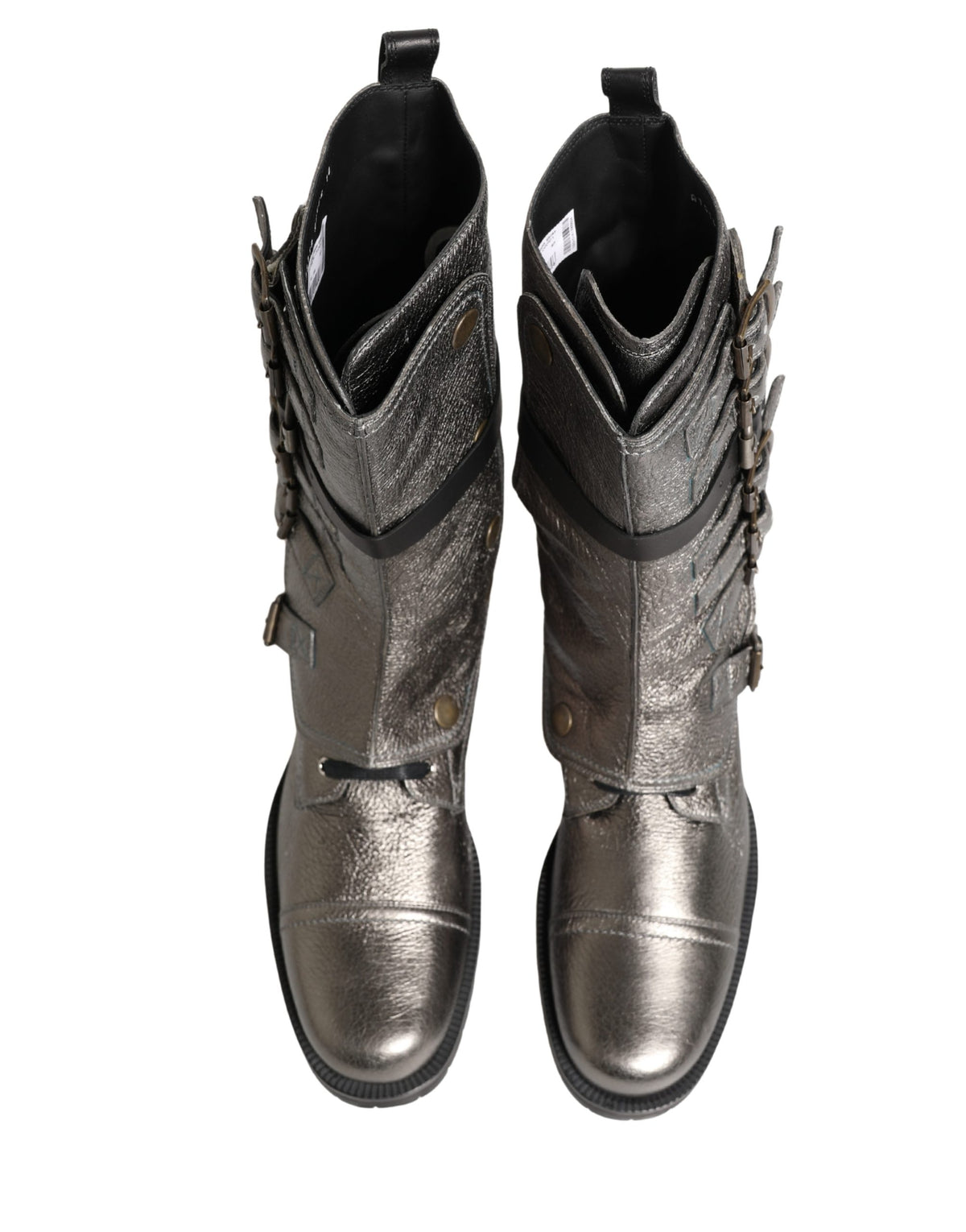 Metallic Silver Combat Biker Mid Calf Boots Shoes