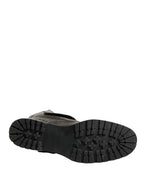 Metallic Silver Combat Biker Mid Calf Boots Shoes