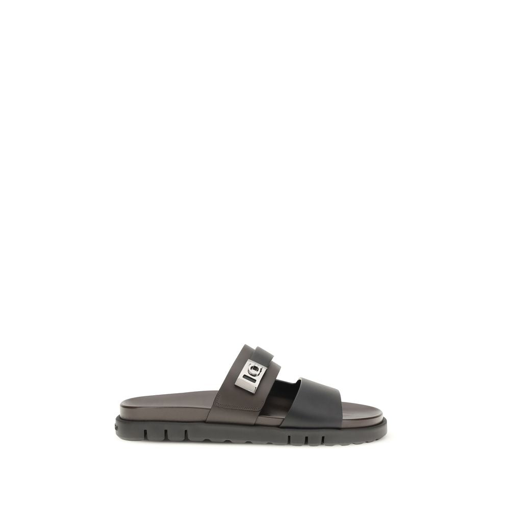 Black Calf Leather Bos Taurus Flat Sandals