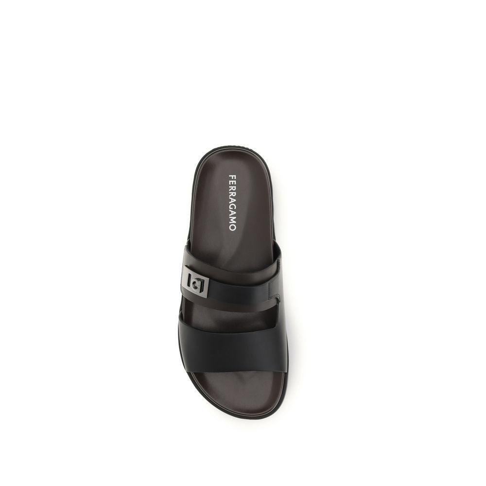 Black Calf Leather Bos Taurus Flat Sandals