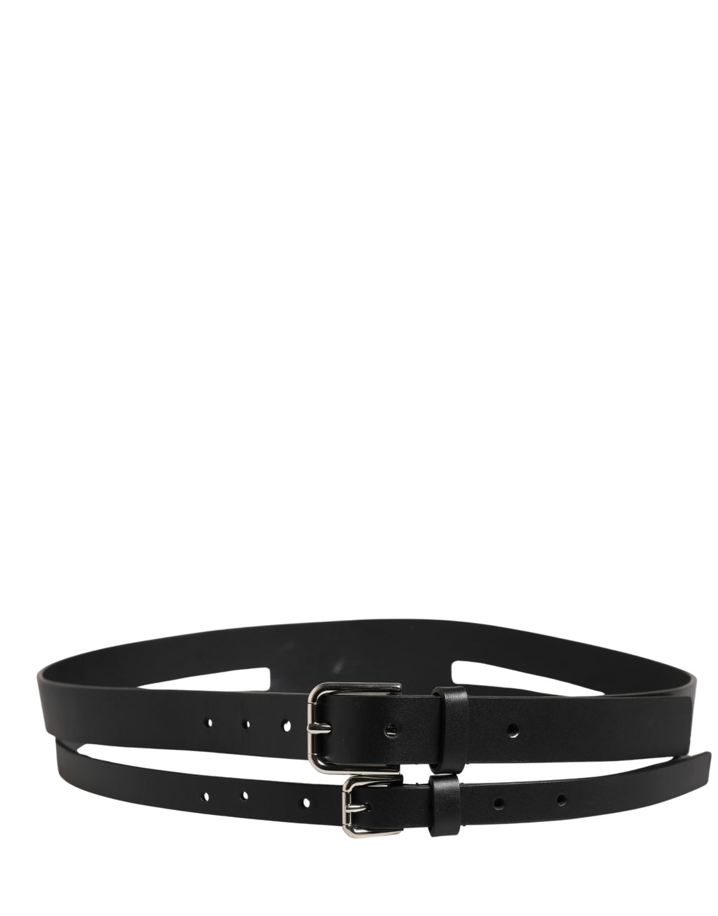 Black Double Strap Leather Silver Buckle Belt