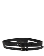 Black Double Strap Leather Silver Buckle Belt