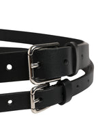 Black Double Strap Leather Silver Buckle Belt