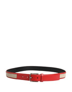 Men Beige Red Woven Leather Metal Buckle Belt