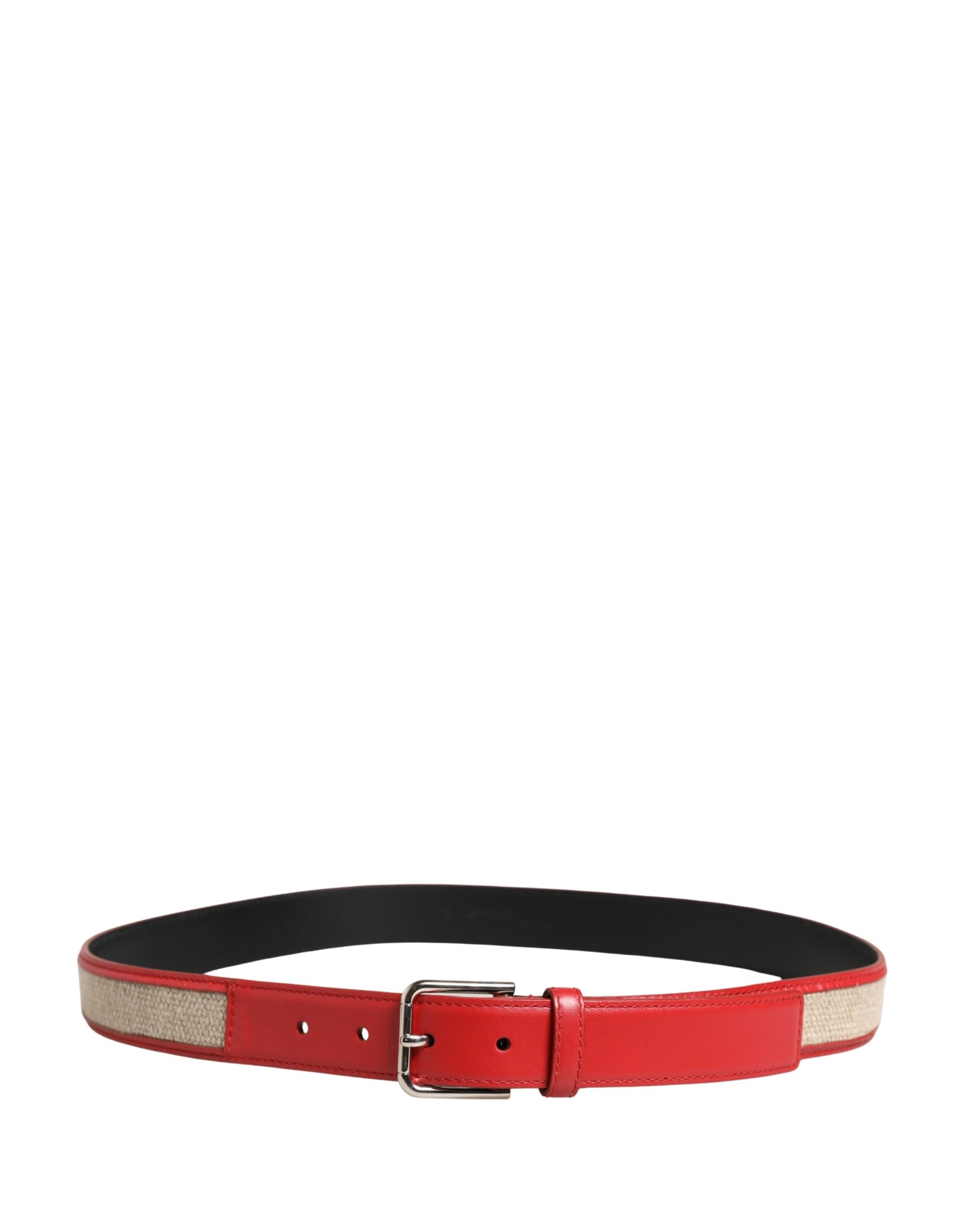 Men Beige Red Woven Leather Metal Buckle Belt