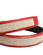 Men Beige Red Woven Leather Metal Buckle Belt