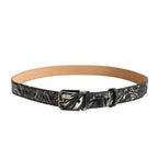 Men Black Marble Leather Metal Buckle Belt