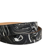 Men Black Marble Leather Metal Buckle Belt