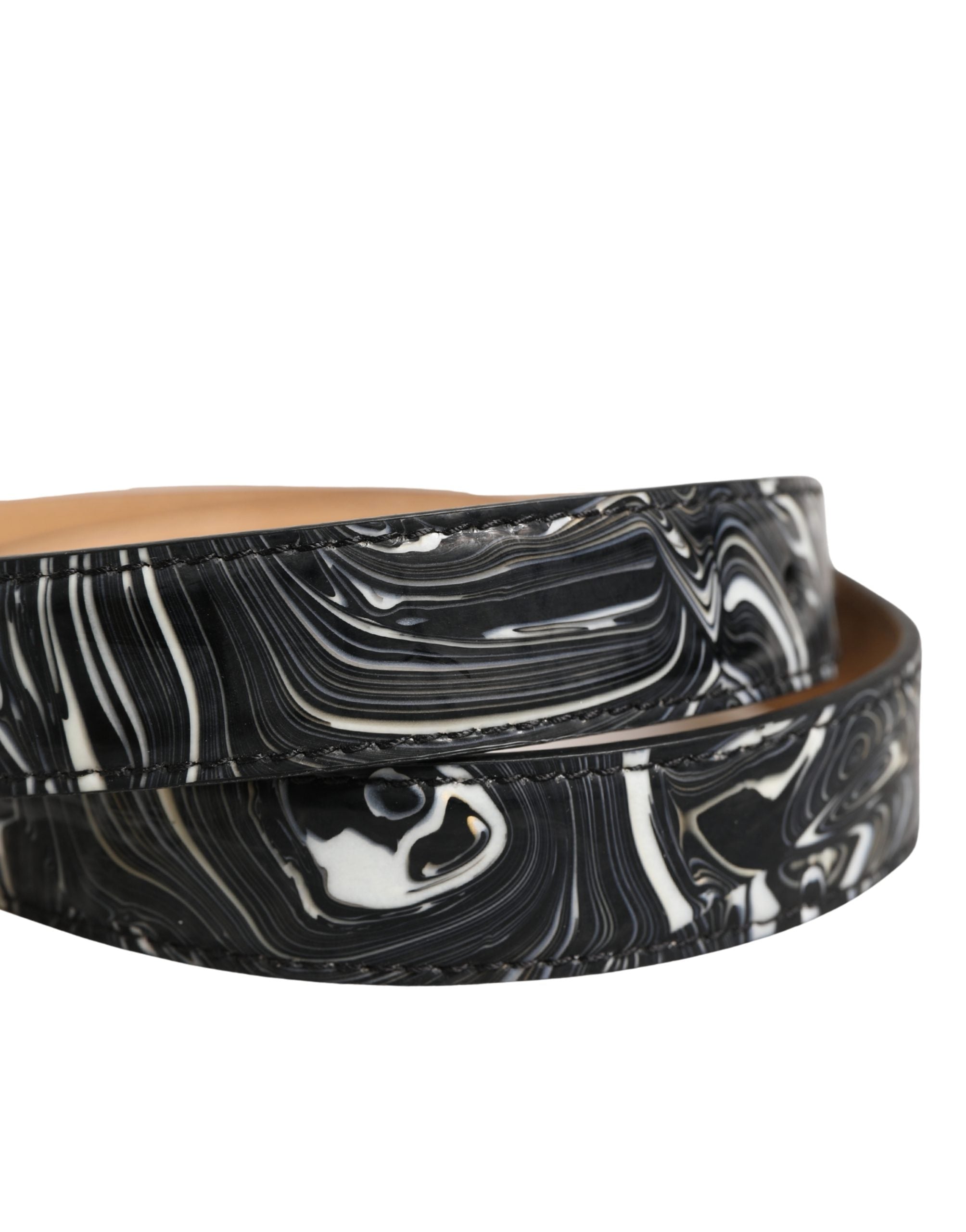 Men Black Marble Leather Metal Buckle Belt