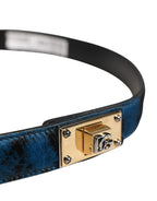 Men Blue Calf Leather Logo Metal Buckle Belt